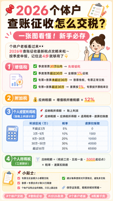 制作一张小红书风格的知识卡片图片，标题是"📌2026个体户查账征收怎么交税？一张图看懂！新手必存"。内容包含以下完整文字：
正文：个体户老板看过来👀 2026年查账征收最新税点攻略来啦～ 按季度申预览效果