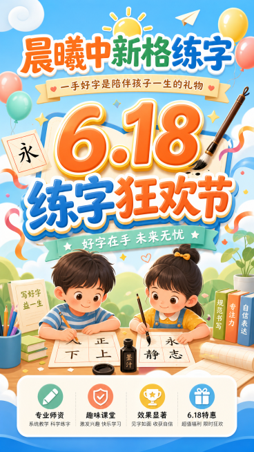 618书法培训机构招生课程促销活动宣传童趣风竖版海报预览效果