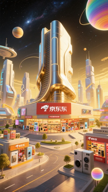 画面中心是巨型电器产品展示馆，周围有未来感城市建筑、彩色星球、商品店铺，增加京东LOGO模型，背景是星空，低饱和金黄色调！展馆名称改为京东家电，预览效果