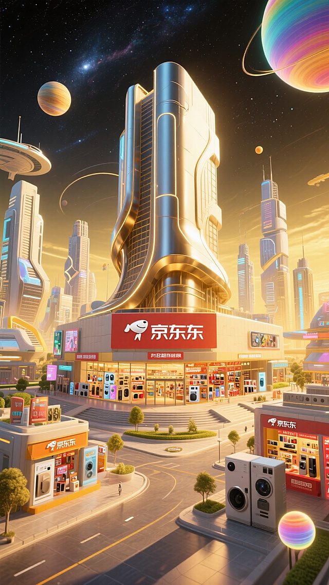 未来感与赛博朋克风交织，鎏金建筑在星空下闪耀，3D立体光影营造梦幻科技都市，京东东门店融合虚拟现实元素，金属质感与体积感凸显，节日氛围跃然眼前。
