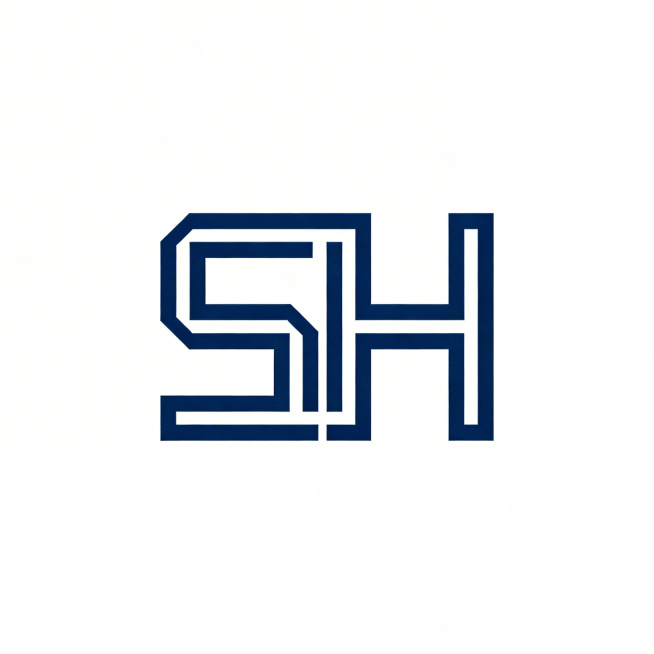 机电公司字母标Logo设计，首字母SH，采用几何构建原则，通过布尔运算使两个字母共用笔画，遵循数学秩序，线条做过粗细修正，深蓝色logo，白色纯色背景，现代工业风格，矢量图，线条干净，像素级精确对齐，预览效果