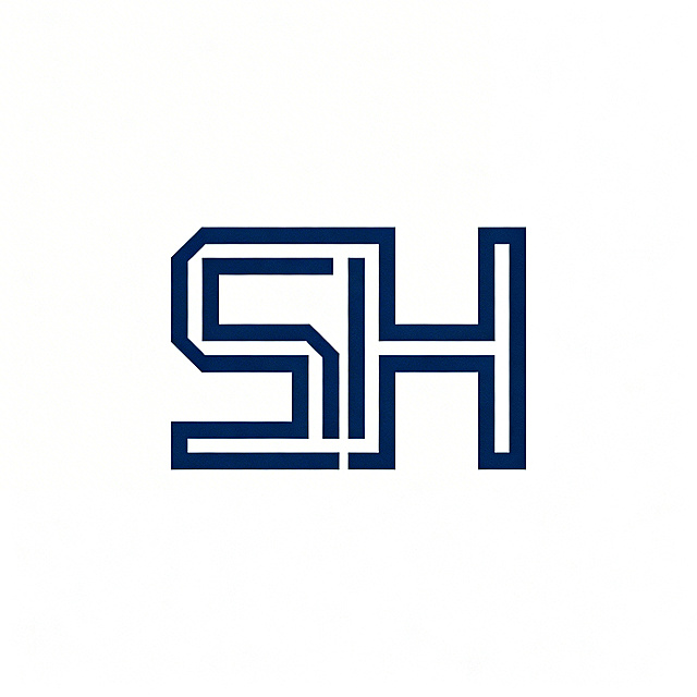 机电公司字母标Logo设计，首字母SH，采用几何构建原则，通过布尔运算使两个字母共用笔画，遵循数学秩序，线条做过粗细修正，深蓝色logo，白色纯色背景，现代工业风格，矢量图，线条干净，像素级精确对齐，极简主义设计