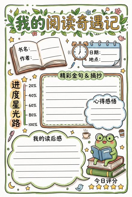 第二张阅读记录卡，马克笔风格简笔画，参考示例图片的手绘风格，制作一张可填写阅读信息的记录卡，整体风格清新可爱，和上一张排版不同，尺寸A4（210*297mm）预览效果
