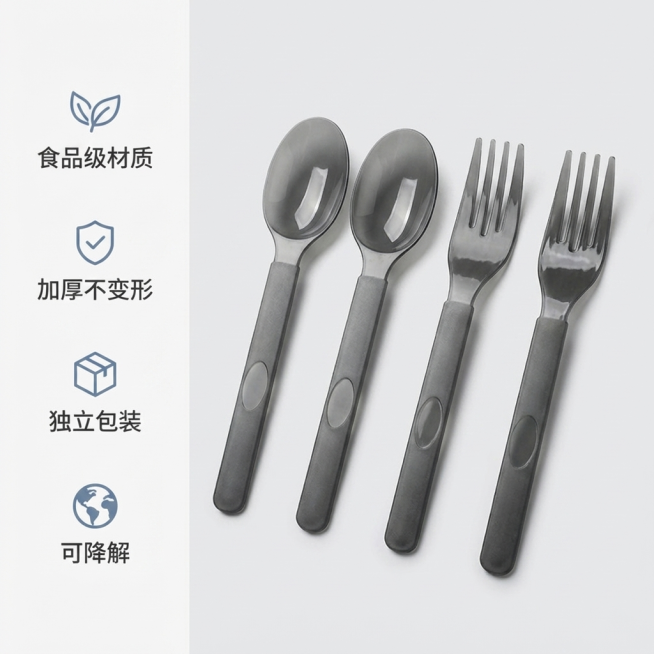 [主图 2] 食品级一次性刀叉勺核心卖点展示
[氛围风格] 简约高级商业摄影风，和整套主图风格统一
[画质] 商业摄影质感、光线柔和通透、产品清晰真实、画面干净高级
[元素] 整套刀叉勺套装整齐排列在预览效果