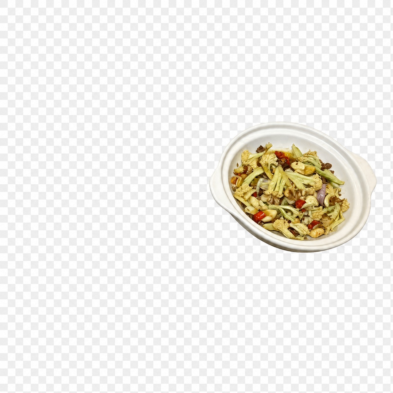 保留图片中右侧白色双耳碗装炒菜花这一道菜，完整保留碗和菜品，其… - 图片创意预览