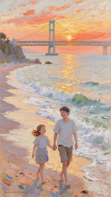 夏日夕阳，海岸线，海边，落日余晖，跨海大桥，一家三口，唯美温馨氛围预览效果