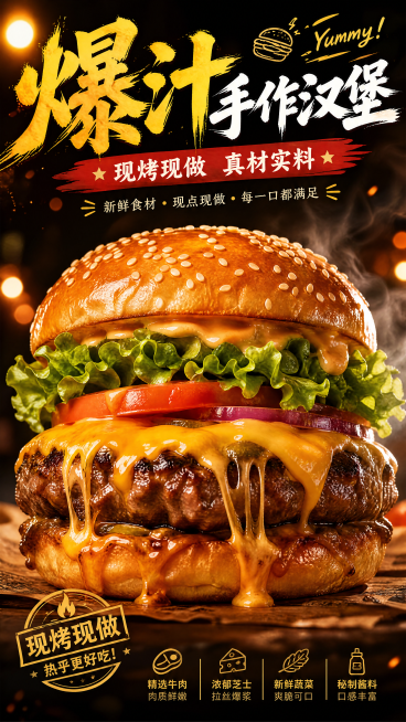 摆摊用的汉堡宣传海报，画面主体是一个超大号多汁诱人汉堡，肉饼鲜嫩，芝士拉丝，生菜新鲜饱满，色彩鲜艳饱和度高，风格醒目吸引人，整体氛围让人看了就想吃，海报顶部有醒目的标题，适合户外摆摊展示，构图饱满预览效果
