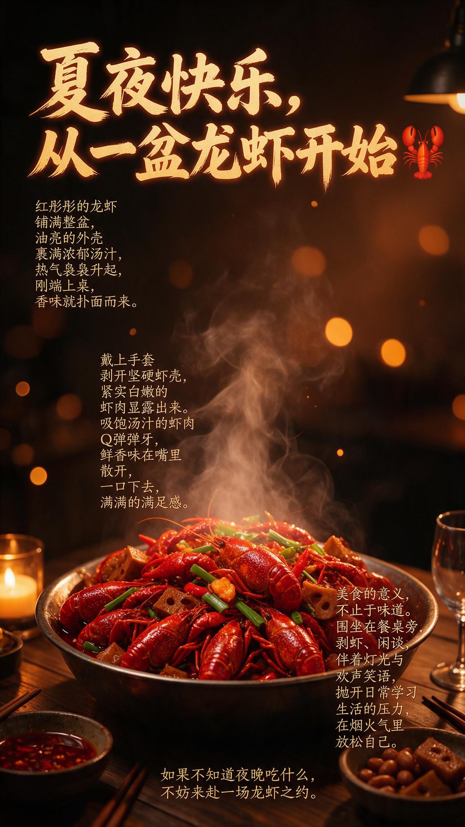 竖版美食海报，暖调餐厅氛围感，背景是一大盆红彤彤冒着热气的龙虾… - 图片创意预览