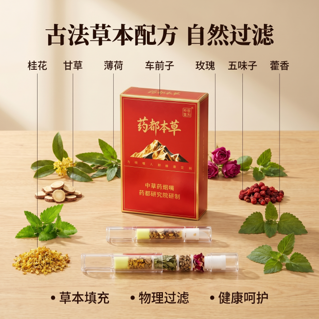 [主图 2] 中草药过滤烟嘴核心成分展示。[氛围风格] 中式养生通透质感，干净专业。[画质] 商业摄影质感、光线柔和通透、产品清晰真实、画面干净高级。[元素] 产品包装盒居中放置，前景展开单根透明烟嘴预览效果