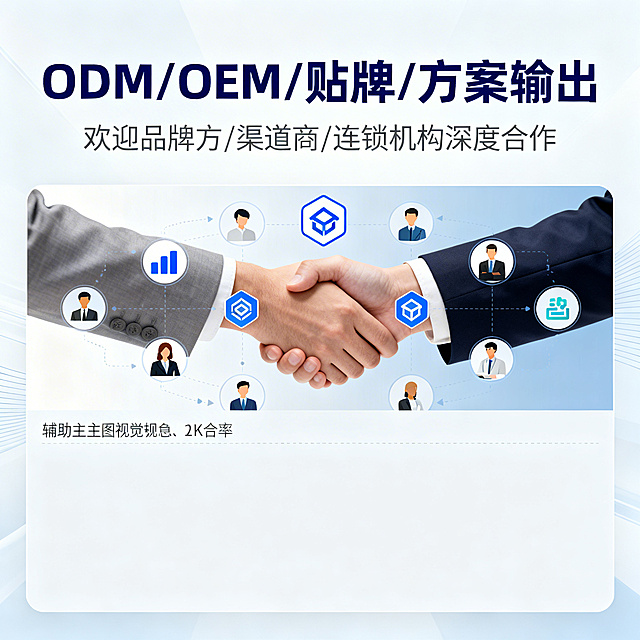 智能美业硬件电商主图，1:1比例，2K分辨率，科技简约商务风格。顶部核心信息区主标题为“ODM/OEM/ 贴牌 / 方案输出”，加粗醒目深蓝色字体；副标题为“欢迎品牌方 / 渠道商 / 连锁机构深度合作”，稍小灰色字体。中部商品展示区展示合作握手图标、多角色合作示意图，背景为浅蓝灰色渐变，有握手和合作标识装饰。底部辅助信息区无价格信息，预留整洁留白。整体画面层次清晰，信息不遮挡主体，符合电商主图视觉规范，文字清晰易读。