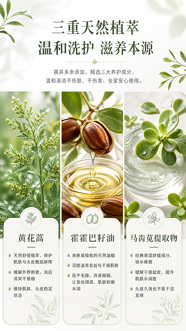 「图片1」，生成一套详情页
# 水芳海系列洗护套装 | 淘宝/天猫详情页完整文案
整体风格：清新海盐海风风、简约高级，适配电商视觉排版，分**主视觉海报文案、品牌系列导语、香氛解析、核心成分、单品卖点、规格参数、使用场景**七大板块，可直接对应详情页模块制作。

---

## 一、首屏主视觉（全屏海报·大标题+副标题+slogan）
### 主标题
**水芳海系列 海盐鼠尾草洗护套装**
### 副标题
一捧海风入肌肤 馥奇香调沉浸式香氛洗护
### 底部Slogan
清冽海风为伴，养出柔润净透好状态
### 短辅助文案（侧边/小字）
洗发露+沐浴蜜+护发素+身体乳 全套呵护 | 天然植萃配方 | 多规格可选 30ml/320ml/330ml

---

## 二、系列开篇引言（第二屏·系列整体介绍）
奔赴一场海边香氛之旅，水芳海以**海盐鼠尾草馥奇香调**为灵感，融合多重天然植萃，打造全套身体洗护组合。
从头皮到肌肤，从清洁、柔顺到保湿滋养，洗发露、沐浴蜜、护发素、身体乳四件套一站式护理。三种容量随心选，便携小样、日常家用全覆盖，让清润海风香气萦绕周身，每一次洗护，都是置身海边的松弛体验。

---

## 三、灵魂香氛 · 海盐鼠尾草馥奇香调（第三屏·香感专区）
### 标题：三层香调递进 复刻治愈海边氛围感
甄选经典**馥奇香调**，层次分明，留香自然高级，告别刺鼻浓香，还原纯粹治愈的海边气息。
✅ **前调 | 清冽明亮 · 草木鲜果香**
鼠尾草独有的清苦绿意，交织葡萄柚的鲜爽酸甜，如同海风轻拂柑橘园，第一缕气息干净通透，唤醒感官。

✅ **中调 | 咸润海风 · 自然海雾感**
清新海藻气息缓缓弥散，裹挟着海边独有的咸湿海雾，仿若赤脚漫步退潮沙滩，湿软藻香与海风相融，松弛又治愈。

✅ **后调 | 暖软余韵 · 慵懒日光感**
温润麝香搭配雅致龙涎香温柔收尾，恰似晒透日光的海盐布料轻贴肌肤，暖意绵长、干净不腻，留有余味十足的海边慵懒气息。

---

## 四、核心植萃成分（第四屏·成分专区，配图原料图使用）
### 标题：三重天然植萃 温和洗护 滋养本源
摒弃多余添加，精选三大养护成分，温和清洁不伤肤、不伤发，全家安心使用。
1. **黄花蒿**
天然舒缓植萃，修护肌肤与头皮脆弱屏障，缓解外界刺激，洗后清爽不紧绷，维持肌肤、头皮稳定状态。
2. **霍霍巴籽油**
亲肤易吸收的天然油脂，深度滋养发丝与干燥肌肤，抚平毛躁、改善粗糙，让发丝顺滑、肌肤软嫩水润。
3. **马齿苋提取物**
经典保湿舒缓成分，锁水维稳，缓解干燥起皮，提升肌肤水润度，头皮久洗也不易干涩发痒。

---

## 五、单品独立卖点（第五-八屏，四款产品分栏展示，每款单独模块）
统一标注规格：**全系列通用规格：30ml 便携装 / 320ml 日常装 / 330ml 大容量装**

### （一）水芳海洗发露
#### 标题：海风净澈洗发露 | 清爽控油 头皮深呼吸
- 植萃配方温和清洁，深层洗净头皮油脂、灰尘，不堵塞毛孔，久洗不干涩、不假滑
- 黄花蒿+马齿苋双重舒缓，改善头痒、头油问题，维持头皮水油平衡
- 霍霍巴籽油滋养发根发丝，减少干枯毛躁，洗完发根蓬松轻盈
- 自带海盐鼠尾草香调，洗头同时沉浸式享香氛，发间持久萦绕清新海风气息

### （二）水芳海沐浴蜜
#### 标题：柔润绵密沐浴蜜 | 净肤留香 全身焕活
- 质地柔润易起泡，泡沫绵密细腻，温柔包裹全身肌肤，清洁力适中，搓洗不摩擦刺激
- 三重植萃加持，清洁同时补水舒缓，告别沐浴后肌肤紧绷、干痒
- 易冲洗无残留，洗完肌肤滑嫩不黏腻，全身萦绕自然海盐香氛
- 大容量满足全家日常使用，30ml便携装差旅、出行随身带

### （三）水芳海护发素
#### 标题：柔亮顺泽护发素 | 抚平毛躁 发丝丝滑到底
- 霍霍巴籽油深度滋养受损发丝，修护分叉、干枯、烫染毛躁，让发丝垂顺有光泽
- 质地轻盈不厚重，涂抹不扁塌发根，油性发质也可安心使用
- 搭配同系列洗发露使用，洗护组合效果翻倍，长效锁润
- 延续同款馥奇香调，留香持久，走动间自带清新海风气质

### （四）水芳海身体乳
#### 标题：清润保湿身体乳 | 锁水嫩肤 全身软嫩发光
- 轻薄水润质地，一抹化水、快速吸收，涂后不粘衣物、不闷肤
- 马齿苋+霍霍巴籽油双重锁水，针对四肢干燥、起皮、粗糙，长效保湿一整天
- 舒缓维稳，改善换季肌肤干痒，全身肌肤日渐细腻软滑
- 海边治愈香调融入身体，睡前涂抹，伴着慵懒香气入眠，氛围感拉满

---

## 六、规格参数&适用场景（第九屏·参数+场景）
### 产品规格
全系列四款单品统一容量：
▪ 30ml 旅行便携装：出差、旅游、酒店、随身试用，小巧不占地
▪ 320ml 日常家用装：单人日常洗护，性价比优选
▪ 330ml 大容量装：全家共用、囤货首选，用量更足

### 适用人群&场景
✔ 适用人群：男女通用、全家老少均可使用，干枯发质、油头、干燥肌肤、敏感肌友好
✔ 日常居家：每日洗头、沐浴、全身保湿，打造居家香氛洗护体验
✔ 差旅出行：30ml小瓶合规便携，酒店洗护替代，干净又有格调
✔ 送礼好物：整套颜值高、香气高级，自用送礼两相宜

---

## 七、收尾信任文案（底部通栏）
### 标题：专注温和香氛洗护 把海边浪漫藏进日常
水芳海系列坚守天然植萃洗护理念，以清新海风香调为核心，兼顾清洁、滋养、留香三大需求。
从头皮到全身肌肤，一站式精致护理，大容量实惠耐用，小规格便携随心，让每一次洗护，都成为治愈身心的小美好。适配淘宝/天猫平台，单图比例为9:16，需求屏数为8张。