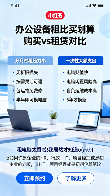 小红书推广海报，主题是万象U租企业电脑租赁，标题是"办公设备租比买划算 购买vs租赁对比"，左侧列表介绍租赁优势：分月付租压力小、无折旧损失、按需灵活可退、包运维免费修、半年即可换电脑；右侧列表介绍购预览效果
