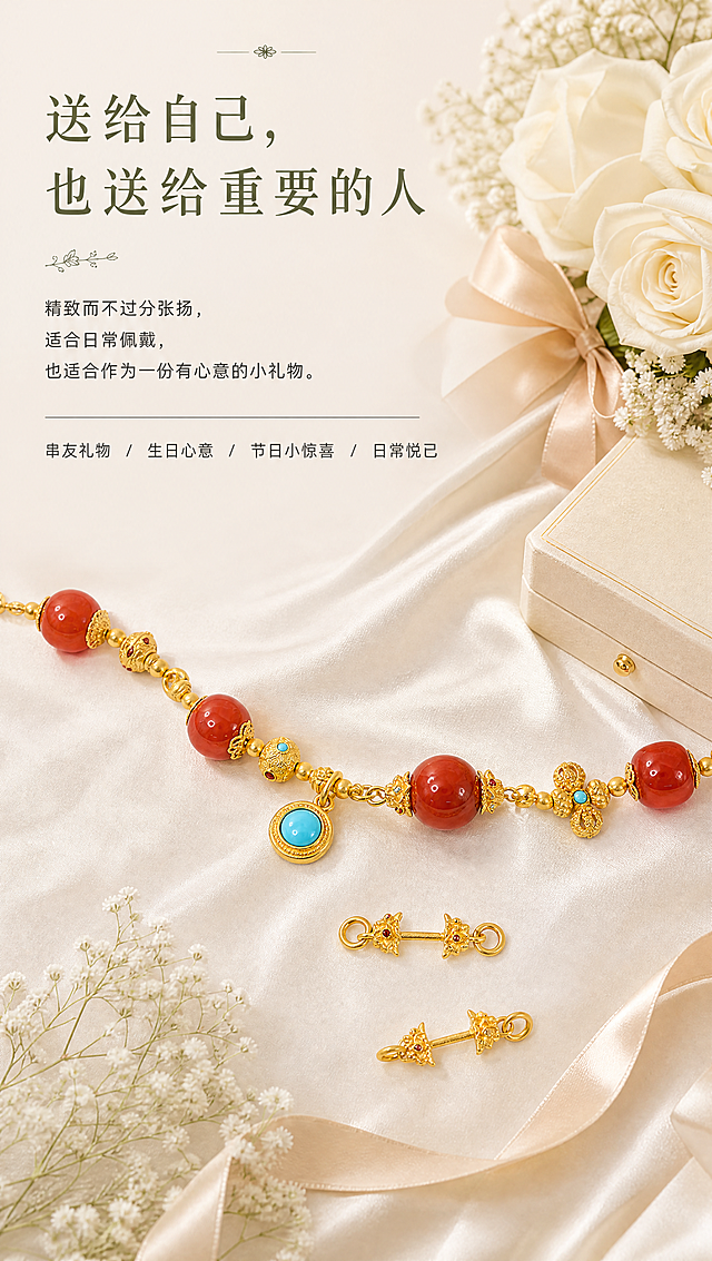 [商品] 使用【图1】古法金项链+两只螺丝扣全景图；100%保留项链完整造型、南红圆珠形状与排列、绿松石坠饰、各款古法金配件的形状与位置、两只螺丝扣的双花头造型与宝石镶嵌位置、足金黄铜原色（完全参照参考图3的黄金颜色）、古法金砂面磨砂肌理；禁止改结构、变形、重绘、发白过曝。
[画面] 页面目标：送礼氛围页，讲悦己与送礼；构图：左文右图，左侧文字区占45%，右侧产品+礼物场景占55%；右侧项链斜向摆放在米白色丝绸上+两只螺丝扣错落摆放，搭配白色玫瑰花、米色丝带、首饰盒等礼物道具，整体氛围与参考图2完全一致；背景底色与参考图2完全相同的米白暖调；阅读动线：左上大标题→正文→四个送礼场景→右侧礼物场景。
[视觉] 套系策略：风格=法式复古轻奢珠宝风（背景底色与参考图2完全相同：米白暖调+白玫瑰+丝带+满天星+丝绸）；标题字=宋体衬线粗体；正文字=黑体无衬线常规体；主色=米白暖调#F5F0E8（与参考图2底色完全一致）；背景延展=米白到浅米黄的柔和渐变，米白色丝绸自然褶皱铺底，右侧白色玫瑰花束+米色丝带+白色满天星干花+首饰盒，整体暖调柔焦有礼物氛围感，光影层次与参考图2一致；强调色=橄榄绿#7A8B6F；标题色=深橄榄绿#5A6B4F；正文色=深棕灰#6B6358；组件=花枝装饰线+斜线分隔+四叶小花；光影=左上方45°柔暖自然光，产品在丝绸上投下柔和自然的阴影，黄金磨砂肌理与参考图3完全一致。
[文字] 左侧文字区左上对齐：大标题两行"送给自己，""也送给重要的人"（粗宋大号）；花枝装饰线；三行正文"精致而不过分张扬，""适合日常佩戴，""也适合作为一份有心意的小礼物。"（黑体）；细线分隔；四个送礼场景用斜线分隔：串友礼物 / 生日心意 / 节日小惊喜 / 日常悦己；所有文字横排，不遮挡产品主体。
[规格] 图片宽度850px，高度约1500px（竖版），分辨率4K；负向提示：避免产品变形、改结构、重绘配件造型、发白过曝、死黑阴影、冷蓝背景、文字竖排、文字遮挡产品、南红色泽偏差、古法金磨砂肌理丢失、拼图感、黄金颜色偏亮偏白。