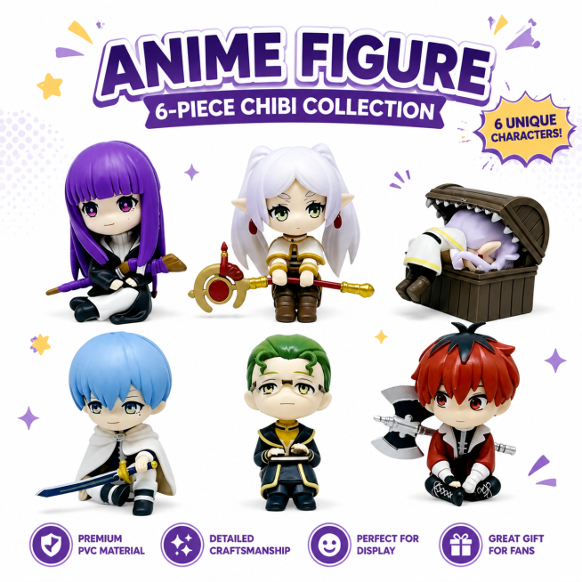 Generate an English e-commerce main image based on this 6 anime figure toys, use pure white backgrou预览效果