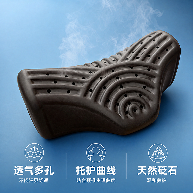 [主图-2] 透气功能展示，砭石颈椎养护枕。[氛围风格] 简约干净设计感，专业功能展示；[画质] 商业摄影质感、光线柔和通透、产品清晰真实、画面干净高级。[元素] 深棕色砭石颈椎枕特写，聚焦透气多孔纹理，保持产品外观（即物理结构、材质质感、颜色）与输入产品图绝对一致，杜绝任何变形和色差，精细化处理。商品主体占比严格控制在75%左右；蓝色渐变简约背景，干净不抢主体。通过轻微蒸汽示意，展示产品透气特性。[光影] 柔和侧光，突出表面纹理孔洞细节，阴影自然柔和。[配色] 主色调蓝色，搭配产品深棕，对比清晰。[视角构图] 局部特写平视，景深突出纹理细节。[文字版式] 底部均分三列，每列上关键词下小字说明：列一「透气多孔」「不闷汗更舒适」列二「托护曲线」「贴合颈椎生理曲度」列三「天然砭石」「温和养护」；白字与蓝色背景强反差，现代无衬线。[比例分辨率] 1:1 比例，2048px*2048px，文字清晰锐利，画面超高清。[负向提示词] 变形，水印，文字错乱，产品图模糊，背景杂乱