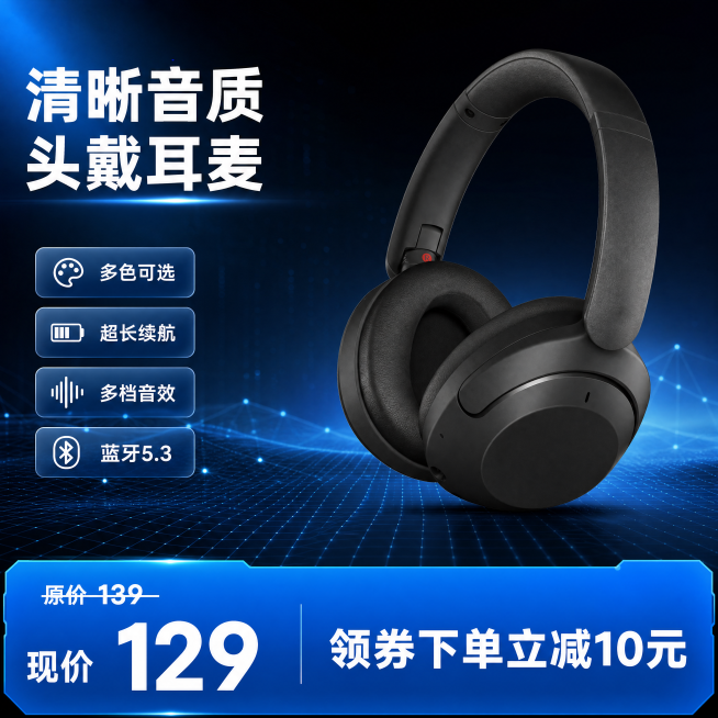 [单张主图] 头戴式耳麦，爆款促销感主图，同时承载点击、理解、信任、转化四个任务，展示商品卖点与促销活动。
[画面主体] 黑色头戴式无线蓝牙耳机斜向居中放置，占画面约60%；保持产品外观、物理结构、材预览效果