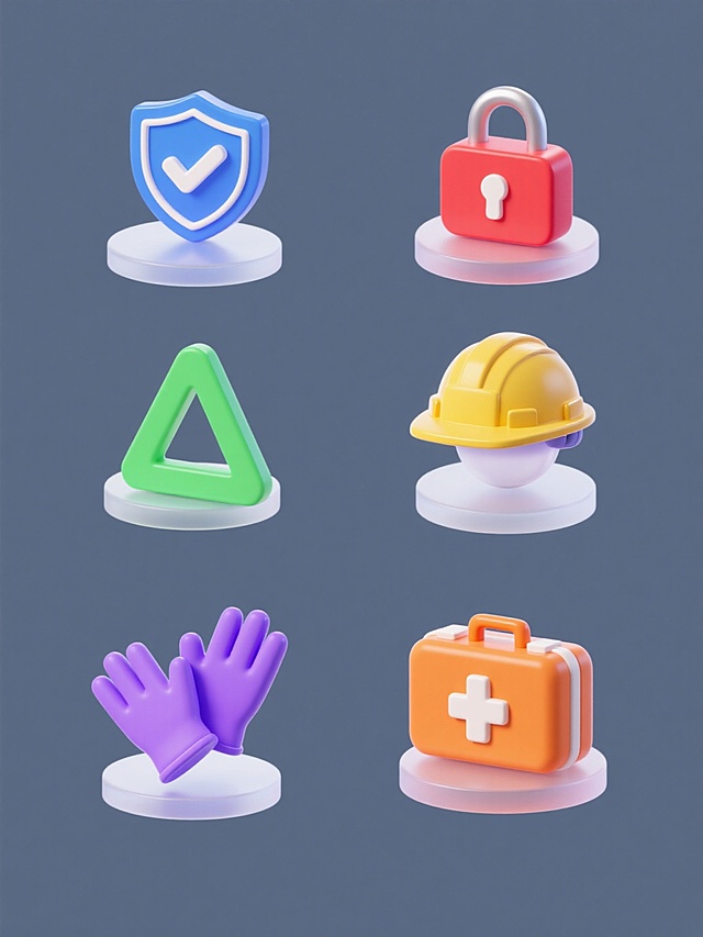 安全题材图标集合，6个不同配色与造型的安全元素规整排布，每个元素保持3D立体风格、光滑渐变质感、半透明高光及轻微阴影效果，纯色背景。包含：1.蓝色盾牌配对勾，2.红色锁形图标，3.绿色警示三角，4.黄色安全帽，5.紫色防护手套，6.橙色急救箱，统一采用圆角几何造型与悬浮底座设计，整体保持现代科技感与安全主题的视觉统一性。