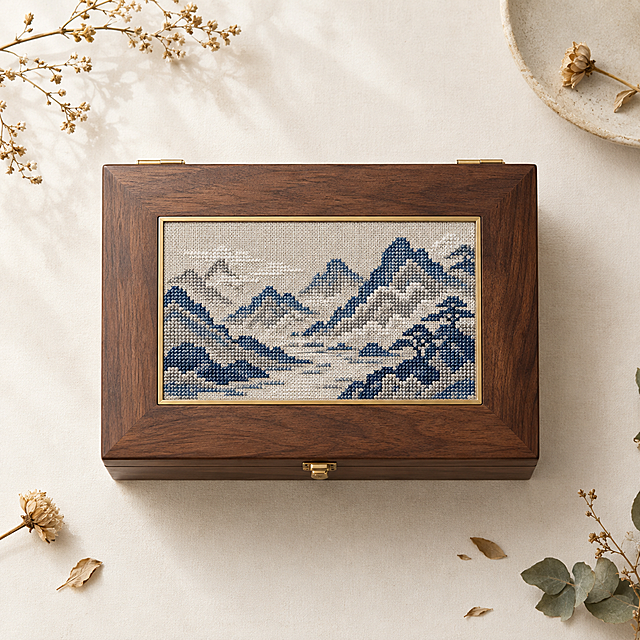 轻奢胡桃木首饰盒产品摄影，浅色米白背景，明亮柔和自然光，盒盖中央黄铜镶边内嵌巴绣十字挑花山川纹刺绣，靛蓝加银灰绣线于亚麻底，胡桃木材质配黄铜铰链，极简侘寂风格，干净明亮，高级质感，正俯视平铺角度，周围散落少量干枯植物装饰，清新雅致