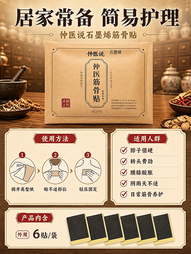 [主图-5] 转化决策图，主题为产品规格与使用方式，展示包装内含、使用方法和适用人群总结，促进购买决策。
[统一基调] 整体中式传统中医馆风格，暖棕色调为主，背景使用中医馆场景图做虚化处理。标题字色深棕近黑色，辅助字色暖金色，强调色朱红色。字体使用稳重宋体/楷体风格，标题加粗醒目。卡片边框细金线或深棕细线，古朴典雅。
[画面] 画面上方展示产品外包装盒（正面），占画面约30%，居中展示。下方分为左右两部分：左侧为「使用方法」三步图示，用三个小圆形图标分别展示：1. 揭开离型纸 2. 贴于不适部位 3. 轻压固定，每步配简笔画图标。右侧为「适用人群」列表，用勾选图标列出：脖子僵硬、转头费劲、腰膝酸胀、阴雨天不适、日常养护需求。底部展示产品内装数量示意（6贴/袋，可展示几片膏药贴排列）。背景为虚化的中医馆药柜暖黄色调。
[光影质感] 商业摄影质感，暖黄色主光均匀照射，产品包装清晰，图标和文字区域干净整洁，整体光线明亮温暖。
[配色] 主色调暖棕色、米黄色、深棕色，图标用朱红色和暖金色点缀，整体古朴专业。
[文字版式] 顶部主标题「居家常备 简易护理」大号深棕色加粗宋体，下方副标题「仲医说石墨烯筋骨贴」中号暖金色。左侧「使用方法」标题下分三步：「1 揭开离型纸」「2 贴不适部位」「3 轻压固定」。右侧「适用人群」标题下分五项：「脖子僵硬」「转头费劲」「腰膝酸胀」「阴雨天不适」「日常筋骨养护」，每项前加对勾图标。底部标注「外用 6贴/袋」。整体排版整齐，信息清晰。
[输出要求] 比例3:4，文字清晰可读，产品清晰，信息排版整齐易读，无变形错字，无水印无平台Logo，中医风格统一。