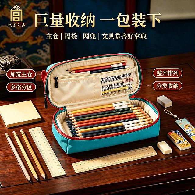 打开的笔袋中，将下方大隔层拉链袋里的图案（锦鲤花纹布料）替换成整齐排列的多支铅笔和中性笔，保持笔的风格和上方隔层里的笔一致，木质笔杆搭配彩色漆身和金属笔尾，整齐横向排列。保持笔袋本身外观、颜色、尺寸、拉链结构，以及上方隔层里的文具、画面背景、标题文字、旁边的便签尺子橡皮、整体光影色调所有其他元素完全不变，仅修改下方拉链隔层内容，替换成笔，去除原有图案。笔排列整齐，大小适配格子空间，细节清晰，材质真实。