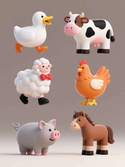 一系列6个造型完全不同的农场元素集合，每个元素都采用圆润可爱的3D立体风格，具有柔和的渐变光影和光滑的曲面质感，统一的白色主色调搭配鲜明的点缀色（如黄色喙、橙色脚蹼），简洁的黑色轮廓线勾勒边缘，所有元素规整地排布在纯色背景上，农场元素包括：1. 正在踱步的白色鸭子，黄色喙部张开，橙色脚蹼；2. 站立的棕色奶牛，黑白相间的斑点，粉红色乳房；3. 戴着红色蝴蝶结的白色绵羊，蓬松的卷曲羊毛；4. 橙……预览效果
