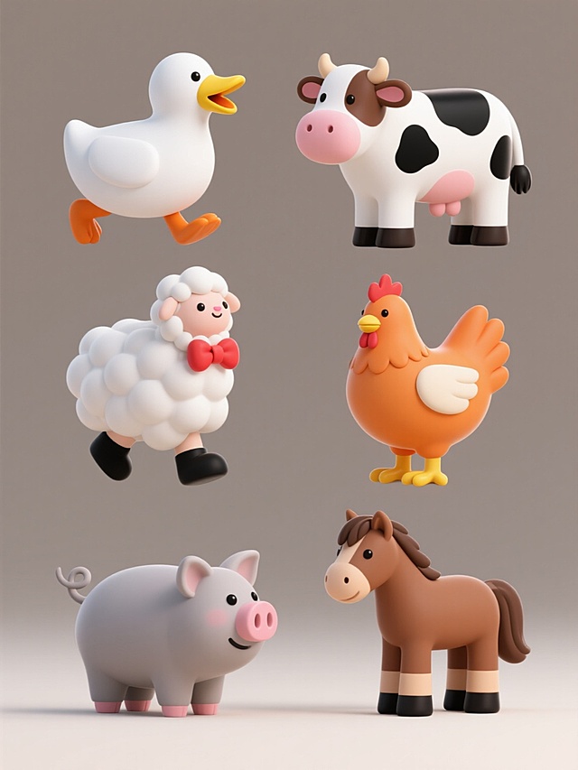 一系列6个造型完全不同的农场元素集合，每个元素都采用圆润可爱的3D立体风格，具有柔和的渐变光影和光滑的曲面质感，统一的白色主色调搭配鲜明的点缀色（如黄色喙、橙色脚蹼），简洁的黑色轮廓线勾勒边缘，所有元素规整地排布在纯色背景上，农场元素包括：1. 正在踱步的白色鸭子，黄色喙部张开，橙色脚蹼；2. 站立的棕色奶牛，黑白相间的斑点，粉红色乳房；3. 戴着红色蝴蝶结的白色绵羊，蓬松的卷曲羊毛；4. 橙色身体的母鸡，翅膀收拢，黄色喙和爪子；5. 灰色的小猪，卷曲的尾巴向上翘起，粉红色鼻子；6. 棕色的小马，鬃毛和尾巴呈浅棕色，黑色蹄子。