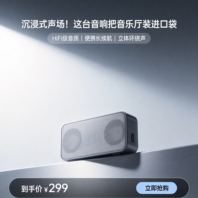 设计类型：写实

设计风格：简约

主体：音响（占画面35% 比例；背后衬浅灰渐变色块，放置于浅银质金属台面之上）。低角度仰视视角 + 柔和侧逆光布光。

装饰元素：以浅灰渐变背景，低饱和冷色调。预览效果