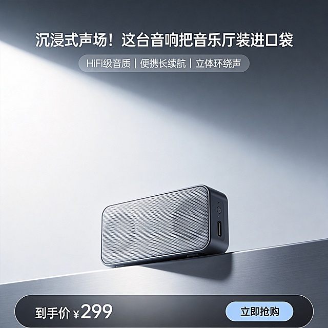 设计类型：写实

设计风格：简约

主体：音响（占画面35% 比例；背后衬浅灰渐变色块，放置于浅银质金属台面之上）。低角度仰视视角 + 柔和侧逆光布光。

装饰元素：以浅灰渐变背景，低饱和冷色调。

氛围：科技感

文字信息：主标题（画面上部：“沉浸式声场！这台音响把音乐厅装进口袋”）；卖点标签（主标题下方同色块内：“HiFi 级音质 | 便携长续航 | 立体环绕声”）；价格模块（画面下部深灰渐变扁长条形圆角边框内：“到手价 ¥299”）；按钮（价格模块右侧浅蓝色块内：“立即抢购 ”）