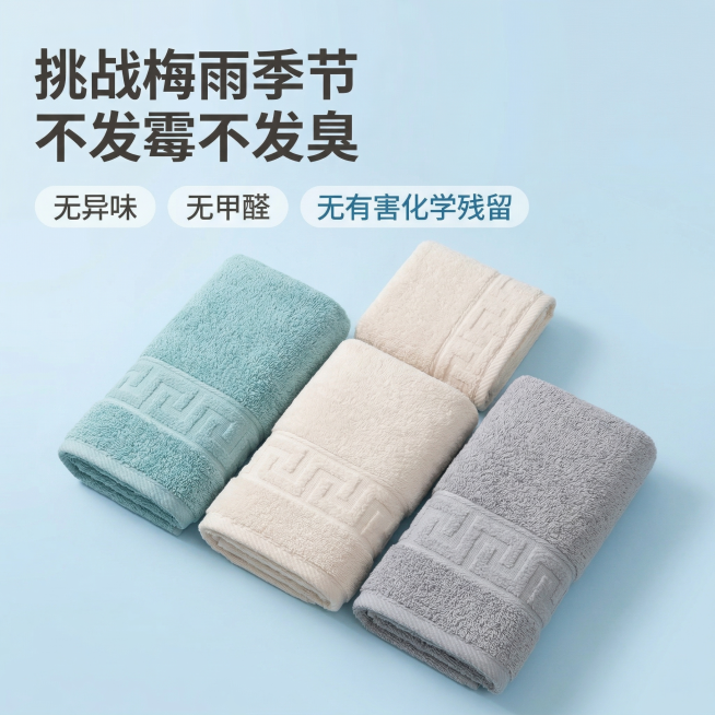 毛巾防霉卖点展示，舒适简约风格，柔和自然光。主标题“挑战梅雨季节 不发霉不发臭”左上角悬浮加粗深灰色大字体，下方三个浅色胶囊标签分别标注“无异味”、“无甲醛”、“无有害化学残留”，中间展示原款浅湖蓝、预览效果