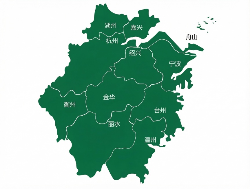 将浙江省地图的灰色区域修改为深绿色，保留所有城市名称和轮廓线条不变，白色背景不变预览效果