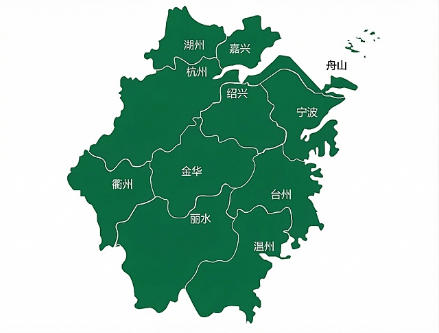 将浙江省地图的灰色区域修改为深绿色，保留所有城市名称和轮廓线条不变，白色背景不变