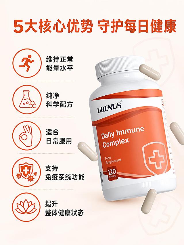 电商详情页核心卖点页，URENUS每日免疫复合胶囊5大功效展示。本张使用【图3】作为参考版式和产品主体。画面风格：暖橙白配色，图标化信息展示，专业健康感。元素布局：产品瓶身位于画面右侧，占比约45%；左侧竖向排列5个圆形橙色图标+中文卖点文字；背景浅米色，有淡淡的盾牌十字水印装饰。光影质感：均匀柔光，产品清晰，整体明亮干净。配色色系：全局底色#FFF8F3浅米色；主色#D9532F暖橙色；辅助色白色、深灰文字。视角构图：左右分栏布局，左文右物，阅读动线从上到下。文字版式：顶部大标题「5大核心优势 守护每日健康」粗黑体橙色；左侧5个卖点从上到下：1.跑步人形图标「维持正常能量水平」2.烧杯图标「纯净科学配方」3.OK手势图标「适合日常服用」4.盾牌病毒图标「支持免疫系统功能」5.莲花图标「提升整体健康状态」；每个卖点配橙色圆形线框图标+中文说明，文字清晰可读。产品瓶身英文保持原样。