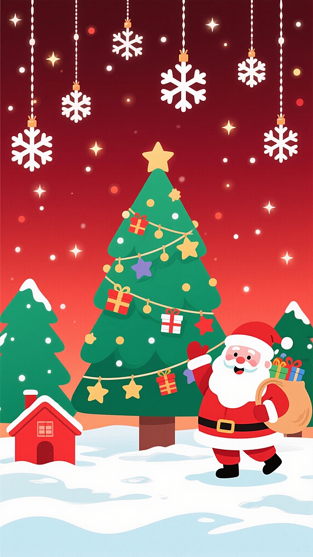 圣诞主题插画，深红色渐变背景，顶部悬挂白色雪花和迷你圣诞树装饰，散落闪烁星星光点，底部雪地场景，中央是挂满礼物和星星的绿色圣诞树，右侧是背着礼物袋挥手的卡通风格圣诞老人，左侧有红色小房子和绿色松树，整体氛围欢快明亮，色彩对比鲜明，装饰元素丰富，充满节日喜庆感。