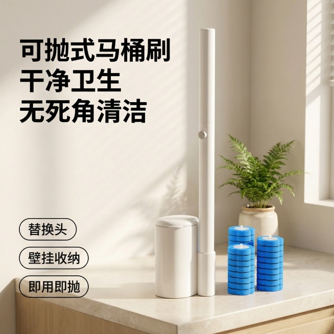 [主图 1] 一次性马桶刷套装场景展示首图；[氛围/风格] 高级温馨家居风格，干净明亮的自然光，营造整洁舒适的浴室氛围，真实质感，温馨高级；[画面元素] 保持产品原外观不变，一次性马桶刷带收纳盒和替换预览效果