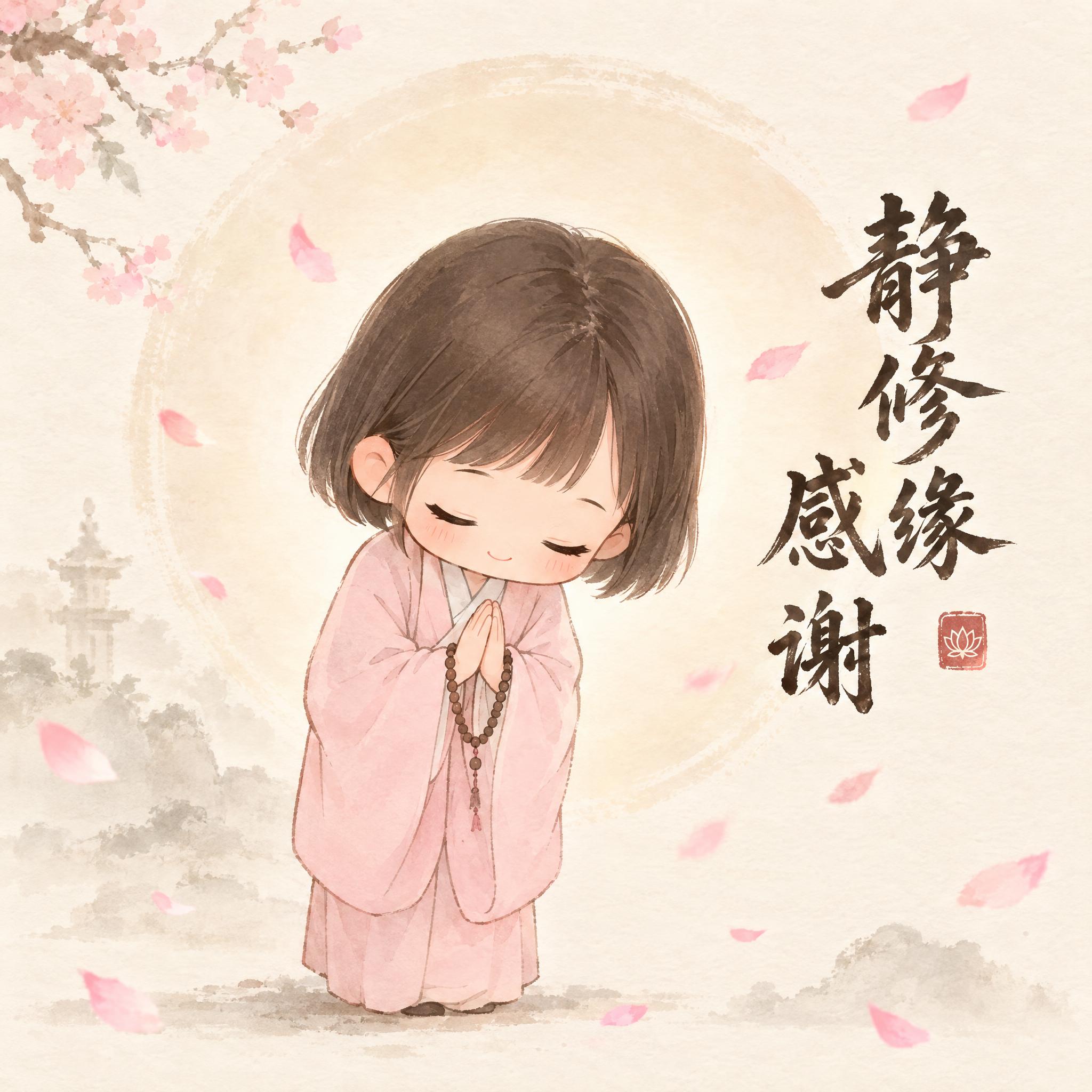 禅意风Q版女性人物感谢表情包，gif动图风格，可爱Q版小尼姑形… - 图片创意预览
