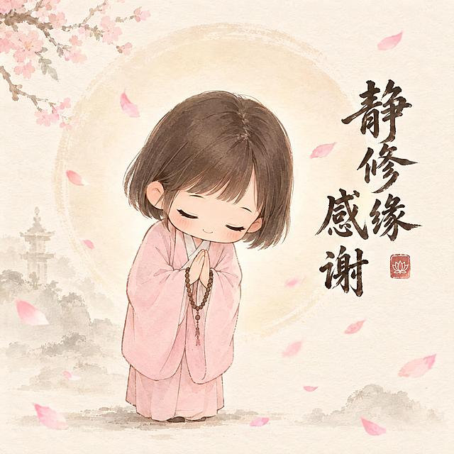 禅意风Q版女性人物感谢表情包，gif动图风格，可爱Q版小尼姑形象，齐耳短发，穿着浅粉色僧袍，双手合十鞠躬致谢，面带温柔微笑，背景为淡雅米白色，有几片飘落的樱花花瓣和淡淡的禅意圆形光晕，画面中央有书法字体的"静修缘 感谢"文字，整体色调柔和温暖，水墨淡彩风格，简约禅意，动态感表现为轻轻鞠躬和花瓣飘落