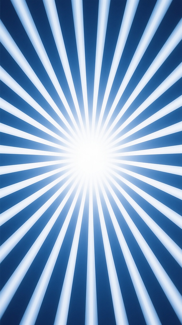 极简主义风格的放射光背景，中心为明亮的纯白色光源，光线呈对称的放射状线条向四周均匀扩散，线条为白色与淡蓝色渐变，从中心向外蓝色逐渐加深，线条边缘清晰锐利，整体色彩纯净，无渐变混合外的其他杂色，光线排列整齐有序，形成强烈的视觉张力和空间延伸感，背景简洁干净，无任何多余元素。