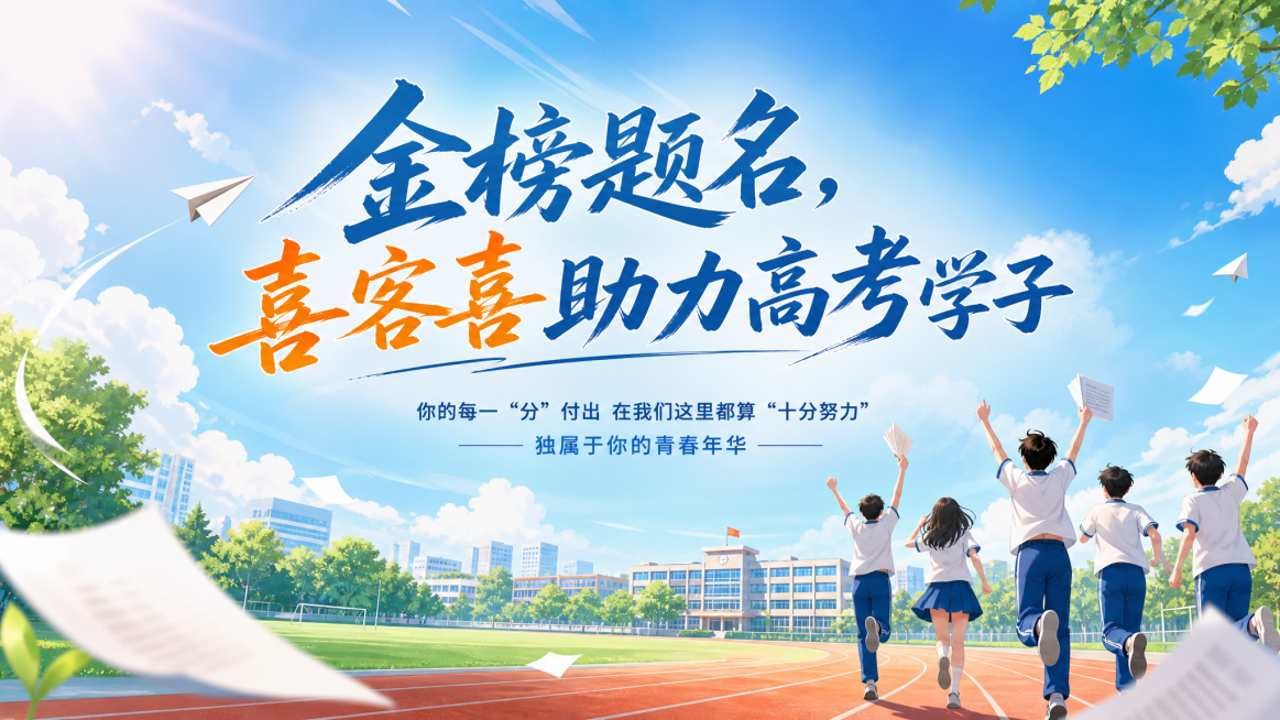 金榜题名主题大屏幕背景，主题鲜明，青春激昂，风格简单明了，辨识度强，有记忆感，无营销感，文字内容为："金榜题名，喜客喜助力高考学子"，下方小字："你的每一'分'付出 在我们这里都算'十分努力' 独属于预览效果
