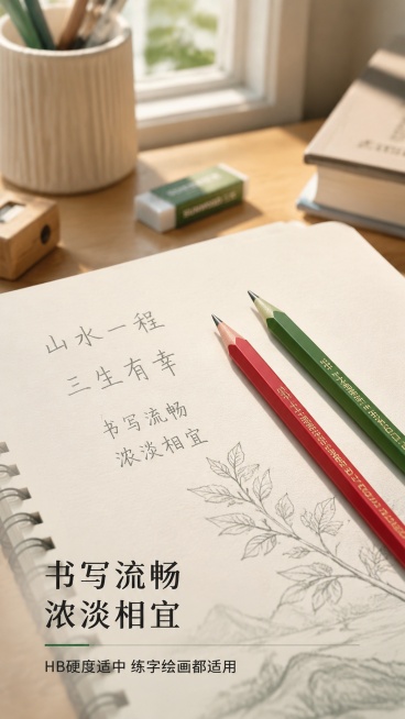 [第5屏] 场景细节-展示无木树脂铅笔书写绘画的流畅体验。
[氛围/风格] 沉浸式校园场景，温馨自然，还原真实书写感受。
[元素布局] 主体为放在米白色笔记本上的两支铅笔（一支红一支绿），页面上留有清预览效果