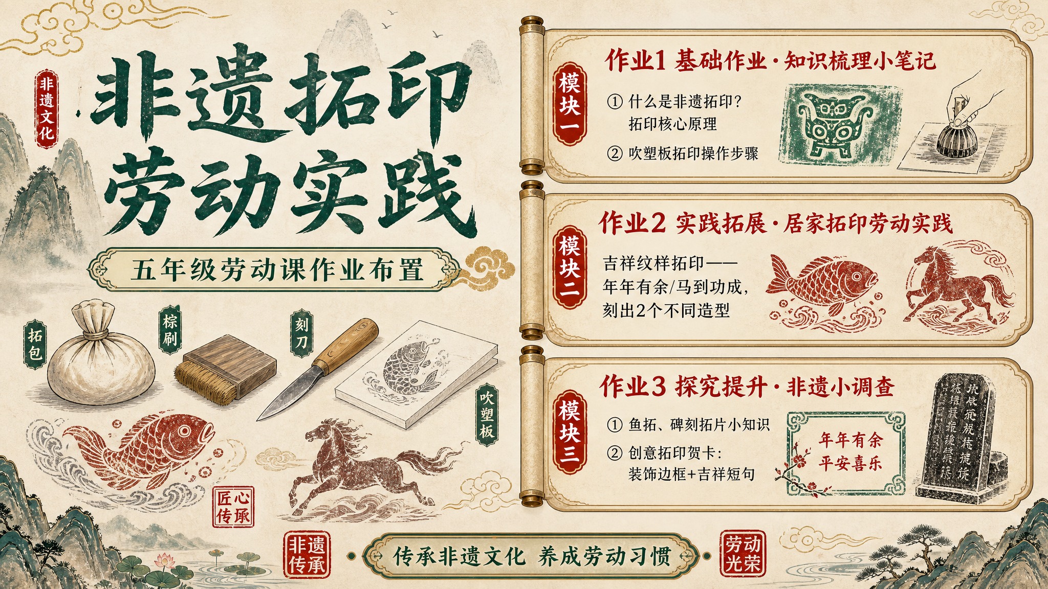 一张五年级劳动课「非遗拓印劳动实践作业布置」的教学设计横版海报… - 图片创意预览