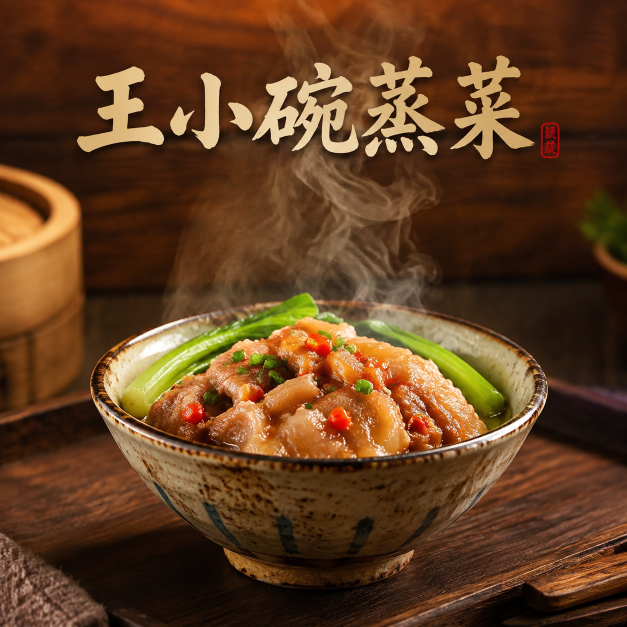 写实风格餐饮品牌头像设计，店名"王小碗蒸菜"，画面中央是一碗热… - 图片创意预览