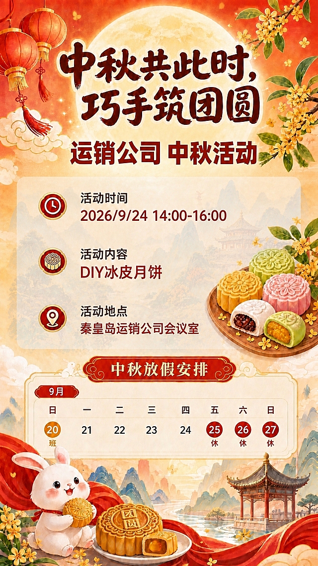基于参考图进行以下修改：1. 副标题改为"运销公司 中秋活动"，字号适当加大、字重加粗，让副标题更凸显；2. 活动内容板块（活动时间、活动内容、活动地点所在区域）的外框边框完全去掉，只保留半透明底的透视效果；3. 三组具体内容文字"2026/9/24 14:00-16:00"、"DIY冰皮月饼"、"秦皇岛运销公司会议室"的字体大小统一调成一致，均与"DIY冰皮月饼"当前的字号大小相同；4. 放假安排日历中，27号上方的"六"字改为"日"字，即最右侧一列星期标题改为"日"；5. 活动时间、活动内容、活动地点的标签文字、左侧图标、右侧月饼图案、日历其他内容、玉兔、背景、主标题等所有其他元素均保持不变；6. 画面中所有数字必须精确渲染，不得错位、遗漏或编造。