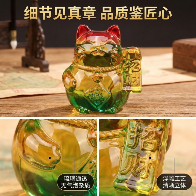 彩色招财猫水晶摆件主图2，中式雅致风格，暖调自然光。整体背景与主图1一致为新中式桌面。画面采用上下分屏信息流布局，上部70%展示招财猫整体摆放效果，下部30%分为左右两格：左格为招财猫表面水晶纹理微距预览效果