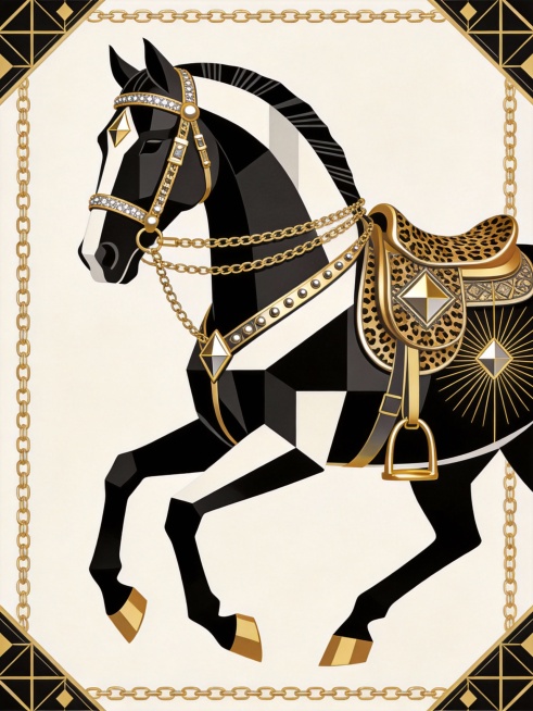 主体内容为一匹以黑白几何块面拼接而成的优雅骏马，呈前行姿态，佩戴全套奢华马具：包含多层金色链条缰绳、带有几何铆钉装饰的马辔、豹纹纹理搭配金属质感的鞍具，以及精致的金色马镫；场景设定为无写实背景的悬浮构预览效果