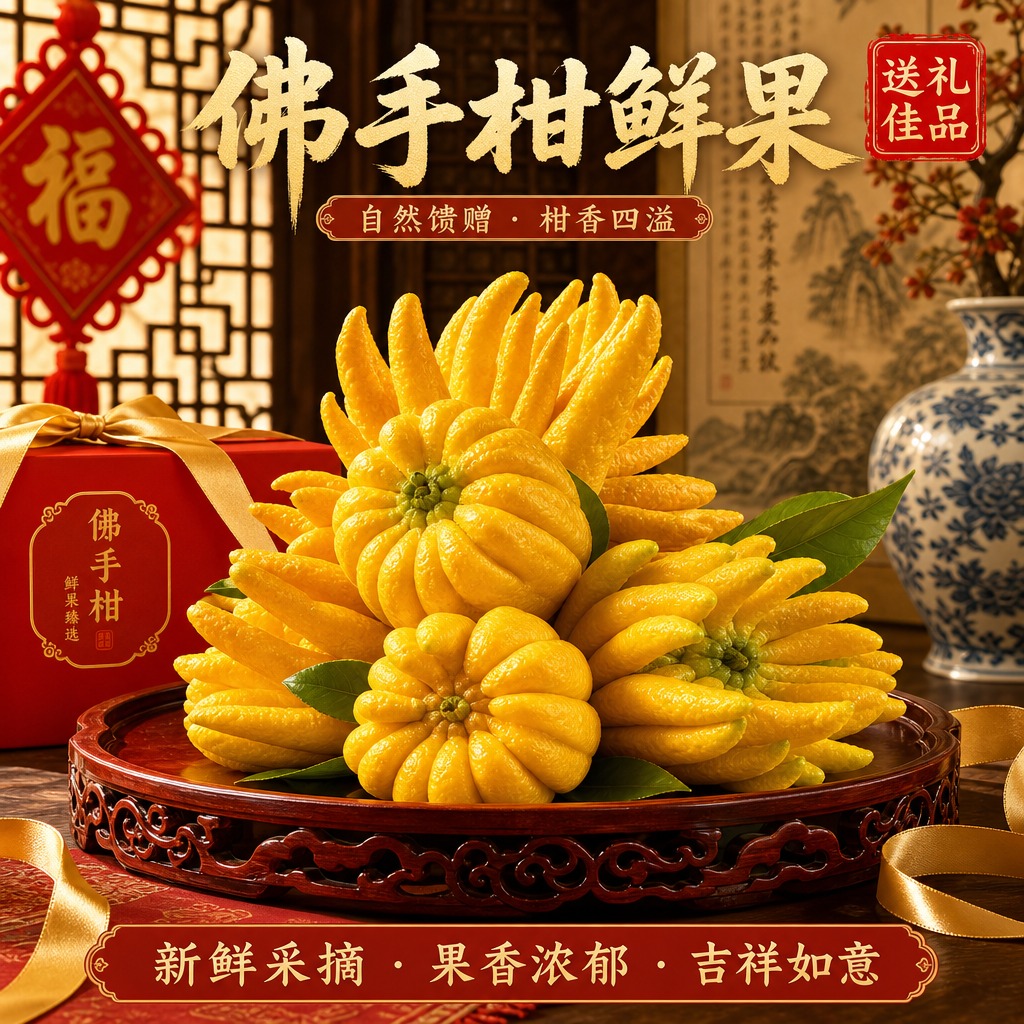 佛手柑鲜果送礼SKU主图，1:1正方形构图，中式背景风格。画面… - 图片创意预览