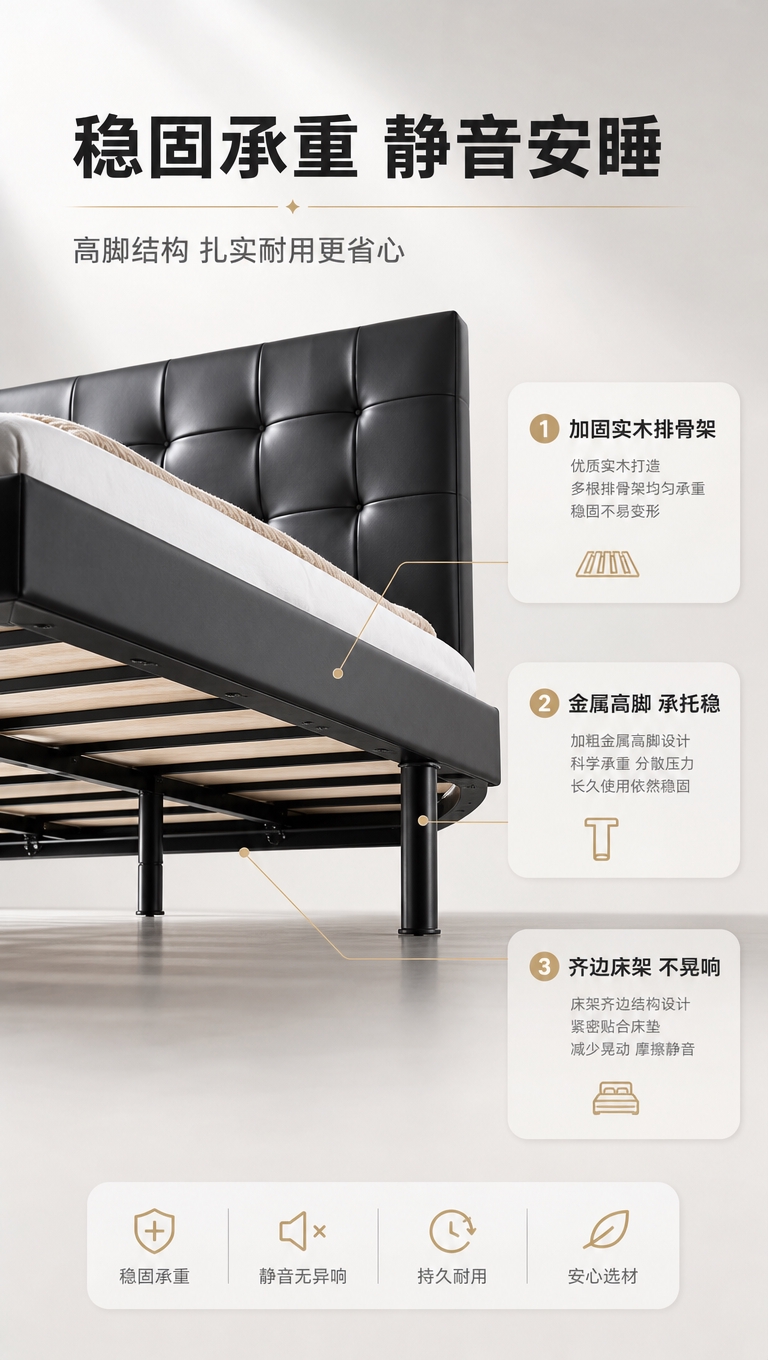 [商品] 使用【图1】黑色高脚齐边皮床；保留整体造型、黑色颜色… - 图片创意预览