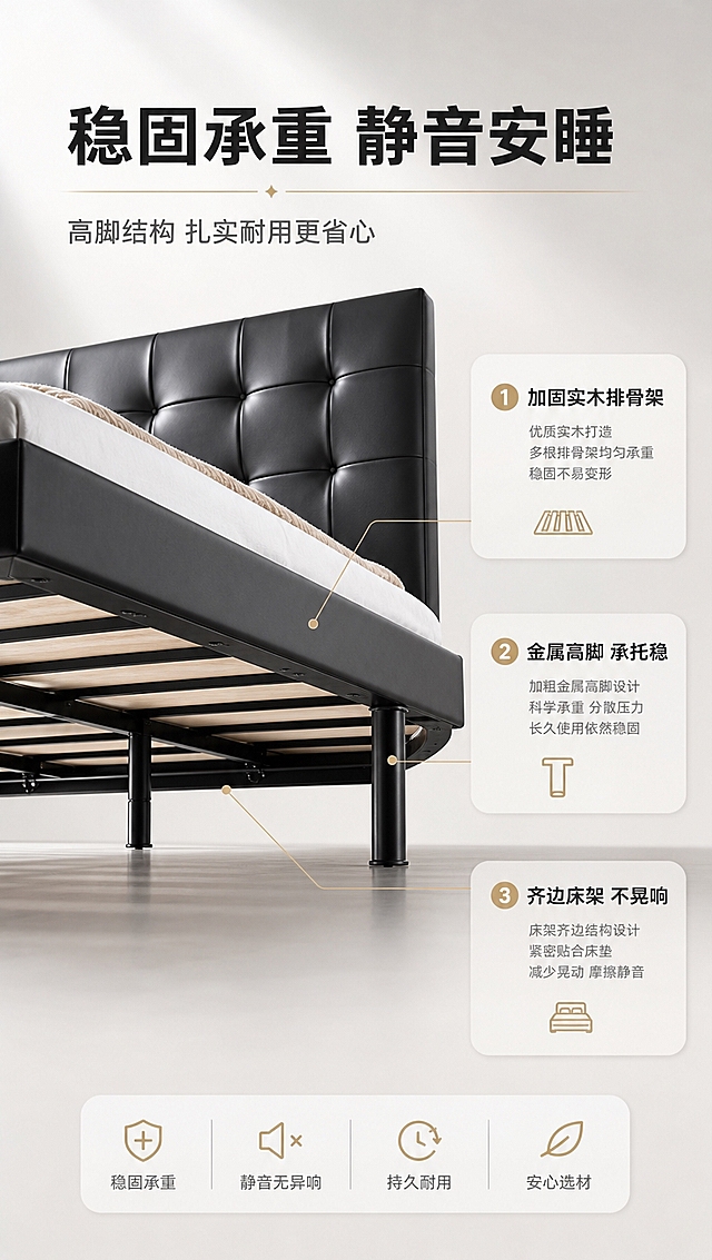 [商品] 使用【图1】黑色高脚齐边皮床；保留整体造型、黑色颜色、高脚、齐边床身、床头拉点设计不变；展示床架底部结构与高脚支撑，不改变商品外观。
[画面] 目标：结构承托页，解析床架结构稳固性与高脚设计优势。构图：左结构示意右说明，左侧床底视角仰视展示高脚与床架横梁结构，右侧文案区+结构标注引线；产品占画面约60%，低角度侧仰视；浅灰背景+地面投影，突出结构轮廓；明亮打光。
[视觉] 套系策略：风格=现代轻奢家居商业摄影；标题字=现代无衬线粗黑体；正文字=简洁无衬线体；主色=暖白+浅灰；背景延展=基于暖白浅灰做深浅层级、同色渐变和细腻哑光质感；强调色=香槟金，仅用于小面积图标、引线、标签和装饰线条；标题色=深炭黑；正文色=中暖灰；组件=圆角浅底信息卡、细线引线、香槟金装饰线；光影=均匀柔光+底部补光，结构清晰，亮色调为主。
[文字] 右侧文案区：主标题「稳固承重 静音安睡」（8字），副标题「高脚结构 扎实耐用更省心」（12字），3个结构卖点带引线标注「①加固实木排骨架」「②金属高脚 承托稳」「③齐边床架 不晃响」；文字全部横向排版，引线指向对应结构部位。
[规格] 图片比例9:16竖版，4K分辨率，避免变形、错字、文字过小、冷蓝背景、床颜色改变、结构失真、极限词。