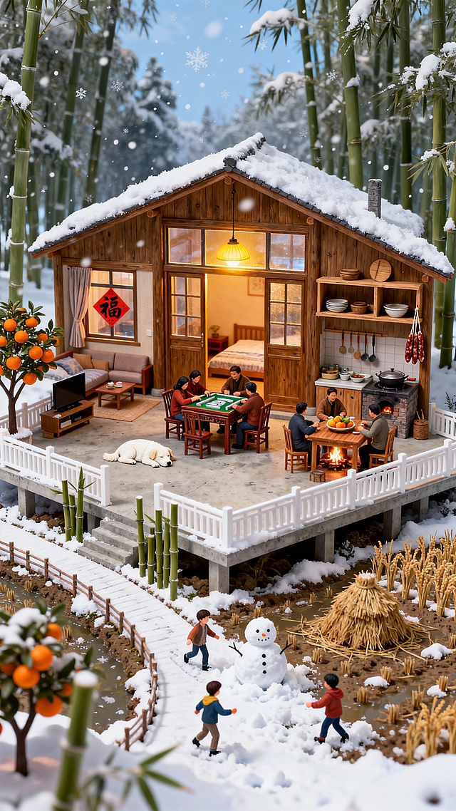 微缩艺术风中式雪景小屋，3D重拟物设计，暖光透窗营造温馨舒适感，竹林环绕，孩童堆雪人，室内围炉煮茶、打麻将，油画质感呈现冬日质朴年味。