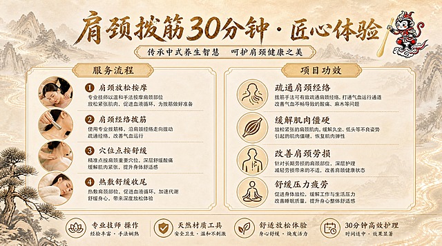 高端新中式养生风格团购详情内页介绍图，16:9横版构图，清新优雅，高雅宁静，奢华大气。参考图配色与风格：米白浅金配色，水墨山水背景，新中式禅意风。画面采用左右两栏布局：左侧板块为"服务流程"，包含四个步骤（①肩颈放松按摩 ②肩颈经络拨筋 ③穴位点按舒缓 ④热敷舒缓收尾），每个步骤配圆形小图标和说明文字；右侧板块为"项目功效"，包含四条功效（疏通肩颈经络、缓解肌肉僵硬、改善肩颈劳损、舒缓压力疲劳），每条配圆形图标和详细说明文字。顶部大标题"肩颈拨筋30分钟 · 匠心体验"，雅致书法体，深金色。画面右上方放置孙悟空卡通logo（站在筋斗云上、手持拨筋棒、红金配色），精致小巧。左下角点缀松树水墨装饰。整体版式精美，信息清晰，高级质感，2K超清画质。画面中所有信息区域必须填充完整合理的内容，不得出现空白框或待填写区域。画面中所有数字必须精确渲染，不得错位、遗漏或编造。