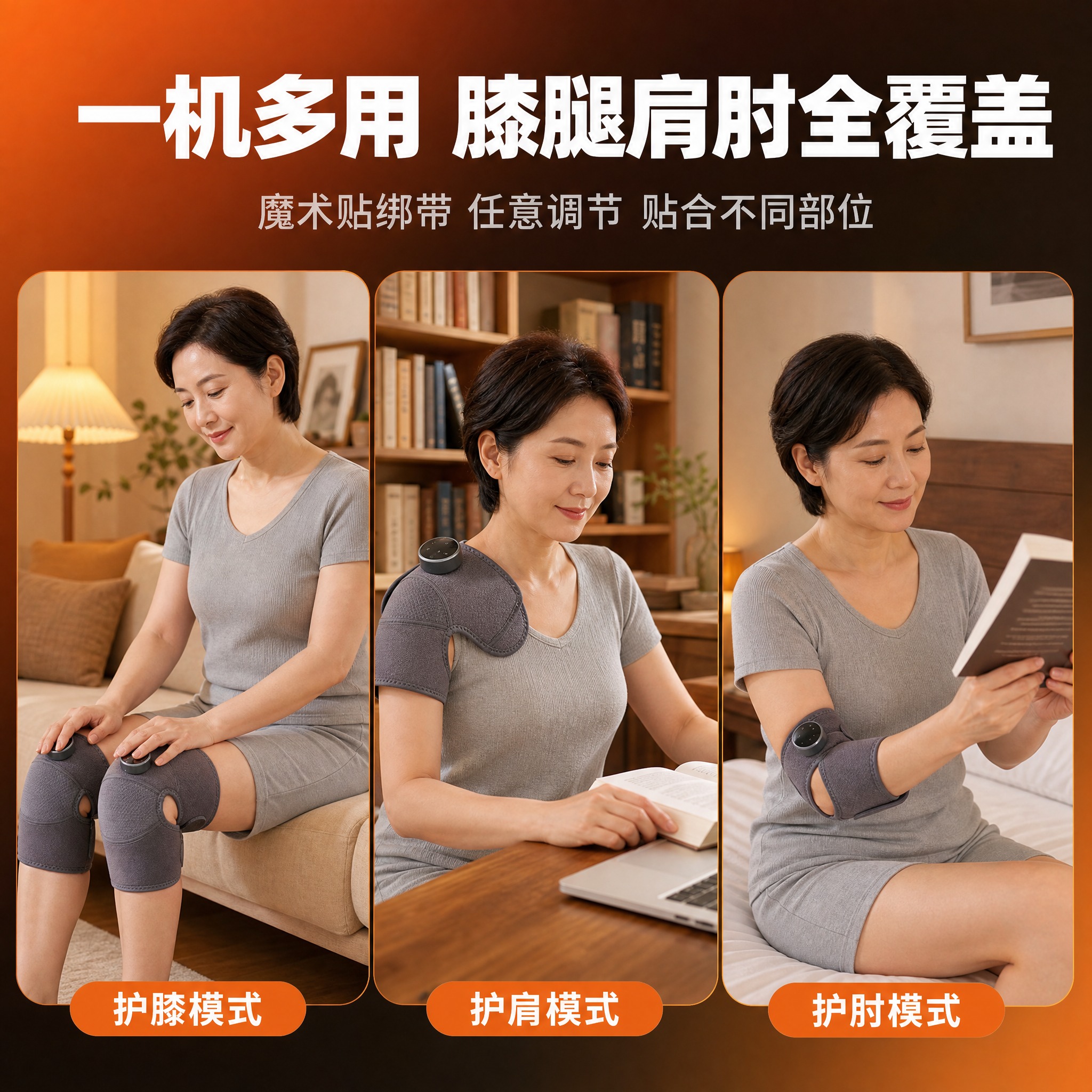 [主图-4] 真实使用场景与多部位适用，展示护膝在膝、肩、肘多… - 图片创意预览